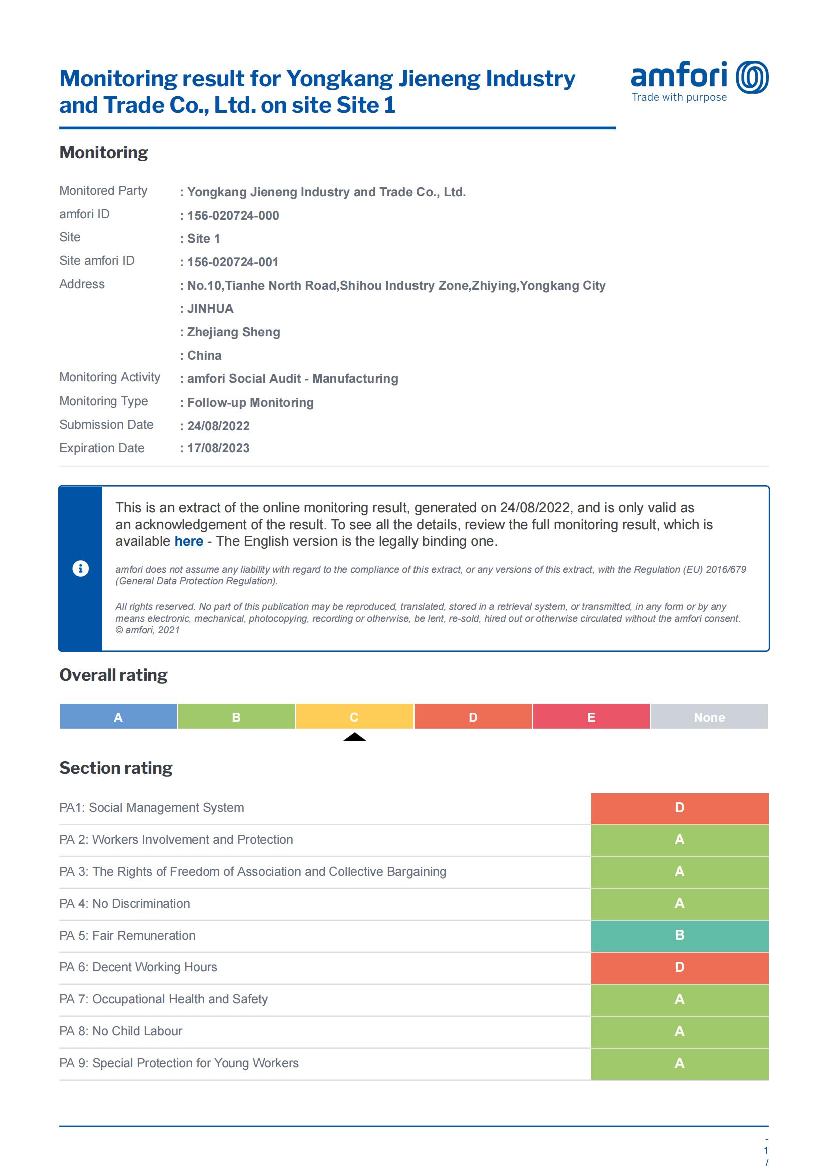 永康杰能工贸 BSCI 正式报告
